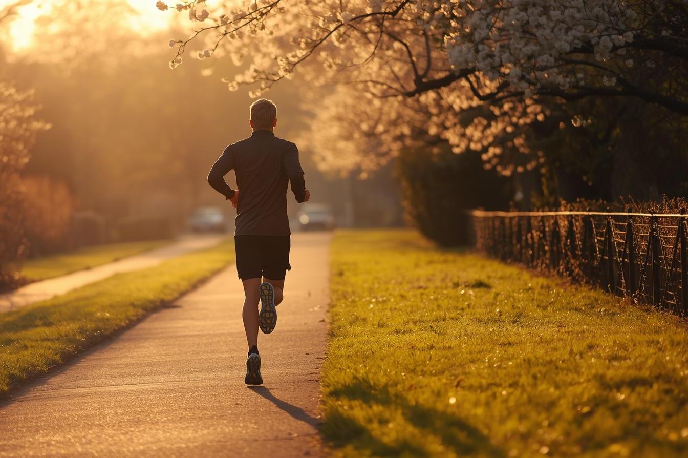 ein läufer von hinten der durch einen park im sonnenaufgang läuft