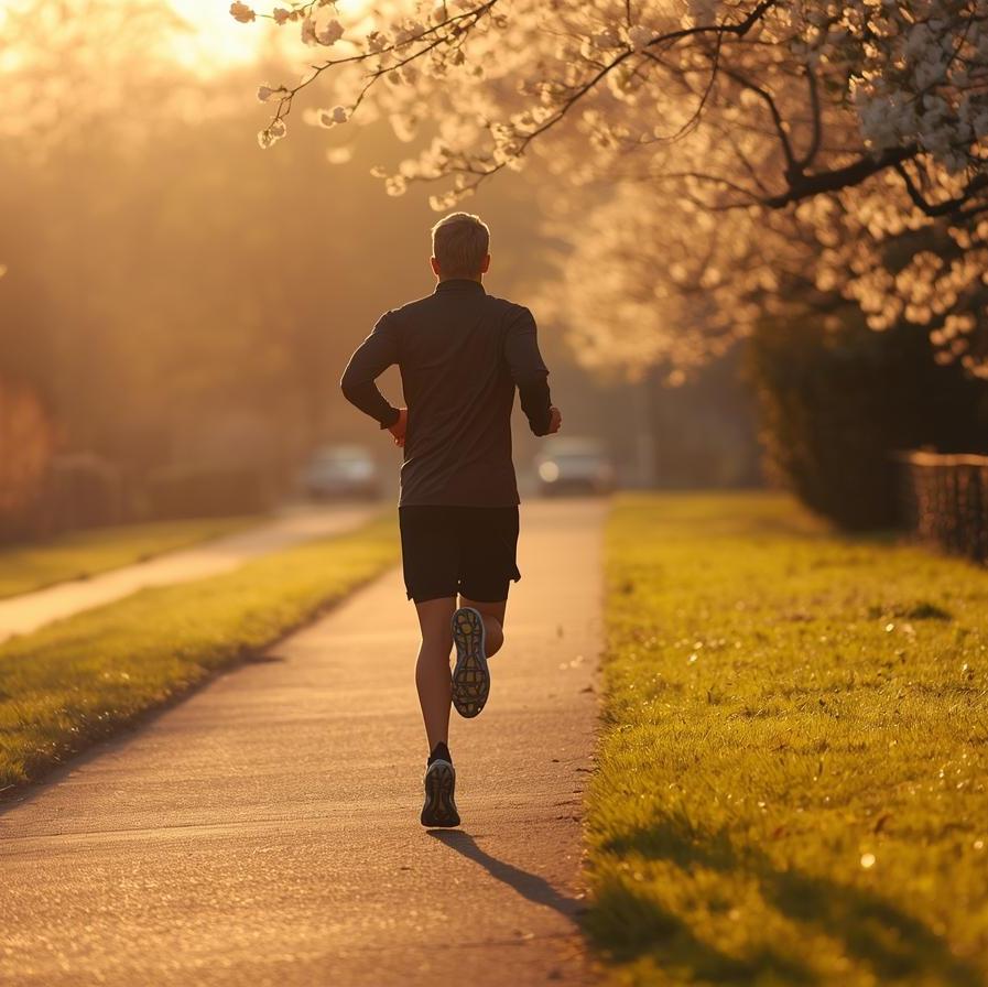 Läufer auf einem von Bäumen gesäumten Weg im warmen Abendlicht.