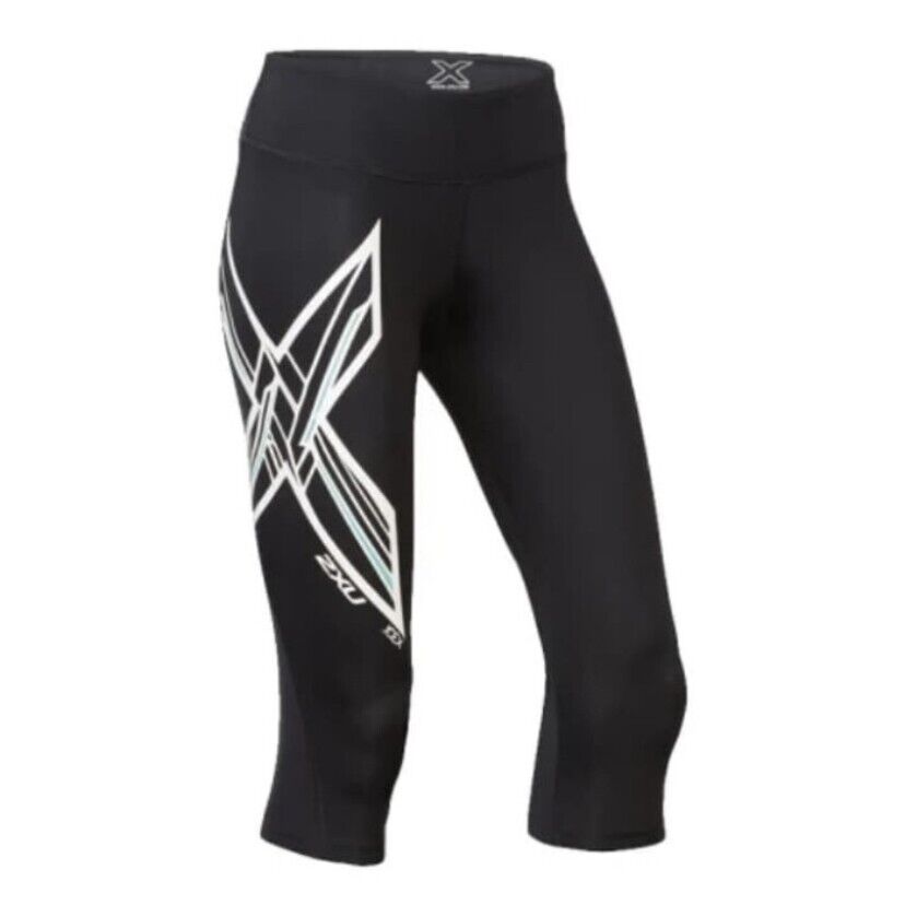 2XU ICE X Mid-Rise Compression 3/4 Tights, Damen, Laufhose, Black/Metallic White Azur