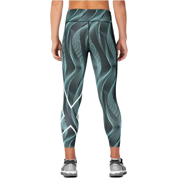 2XU Print Mid-Rise Comp 7/8 Tights, Damen, Laufhose, Aruba Blue Camo/white