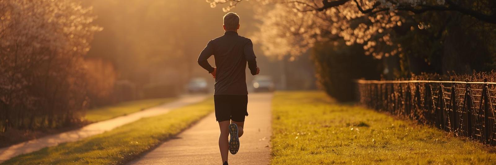 Rückansicht eines Läufers in dunkler Sportkleidung auf einem asphaltierten Weg während des Sonnenuntergangs, umgeben von blühenden Bäumen in goldener Lichtstimmung.