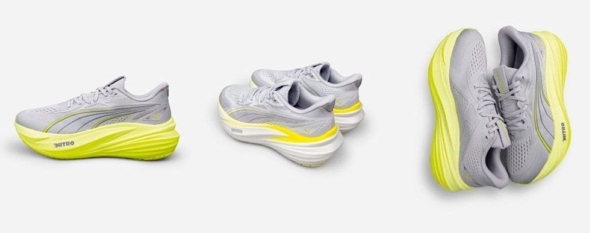 Produktübersicht des Puma Magmax Nitro mit Seitenansicht, Rückansicht und Draufsicht auf weißem Hintergrund.