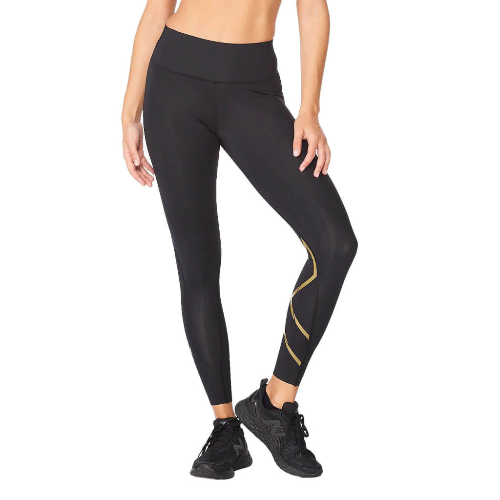 2XU Force Mid-Rise Compression Tights, Damen, Laufhose, black/gold, schwarz/gold